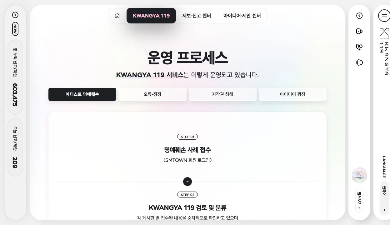 SM ENTERTAINMENT KWANGYA119 리뉴얼 PC · Operation Process 화면